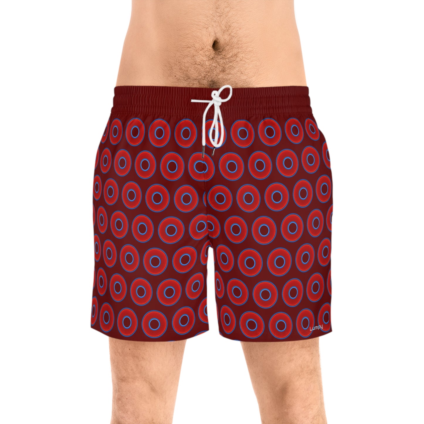 Men's Lumpy Swim Trunks - vivid red donut print w/dark red background