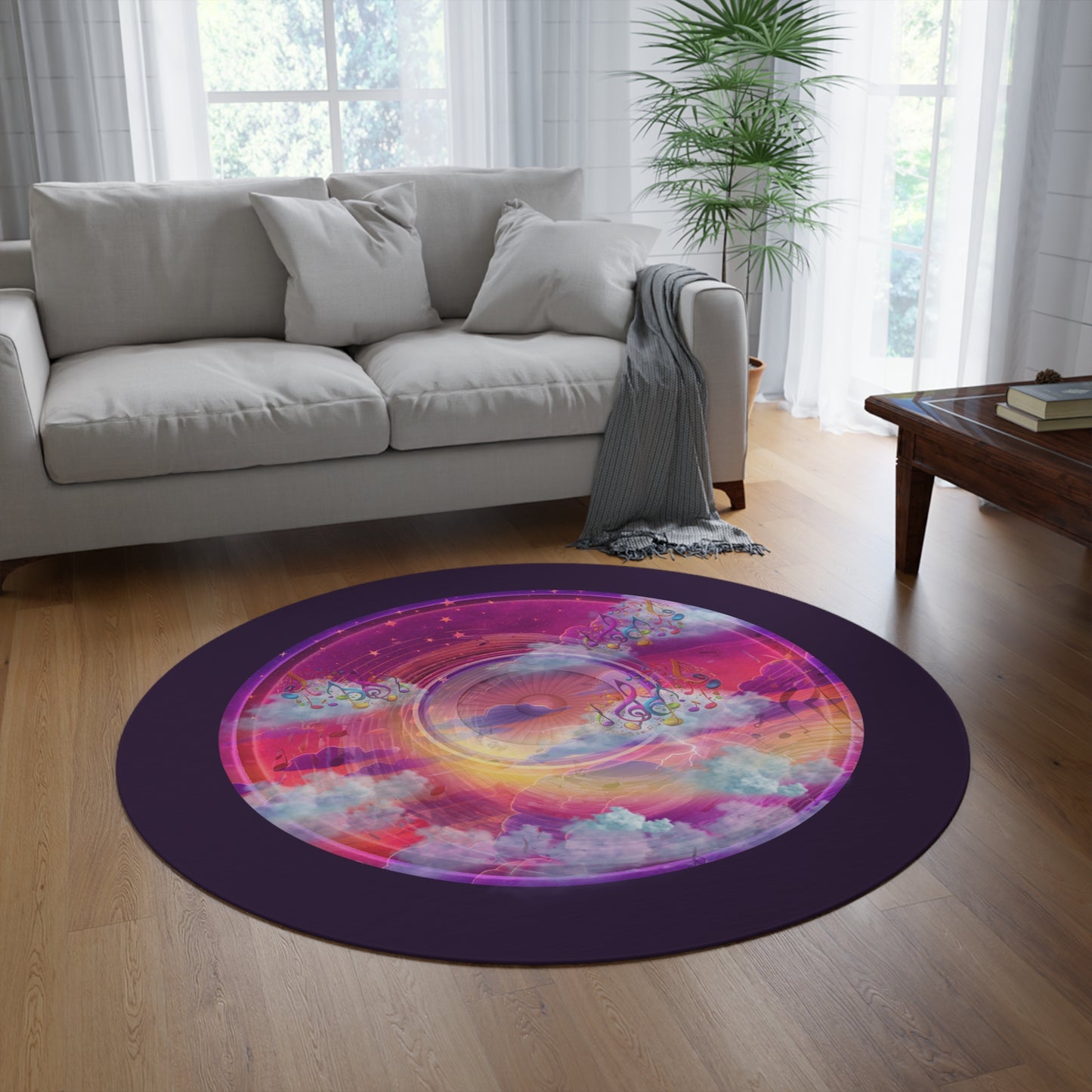 Round Room - 5 ft x 5 ft Lumpy Donut Rug - "Pillow Donuts of the Floor (Rug)" - vivid purple/magenta donut w/midnight purple background