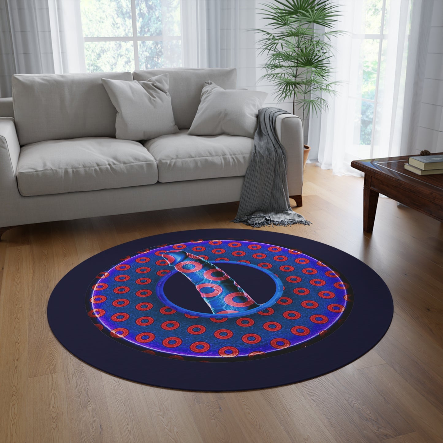 Round Room - 5 ft x 5 ft Lumpy Donut Rug - "Sir Richard's Phamous Donut Rug" - paradoxical weathered blue/red donut w/midnight blue background - variant 3