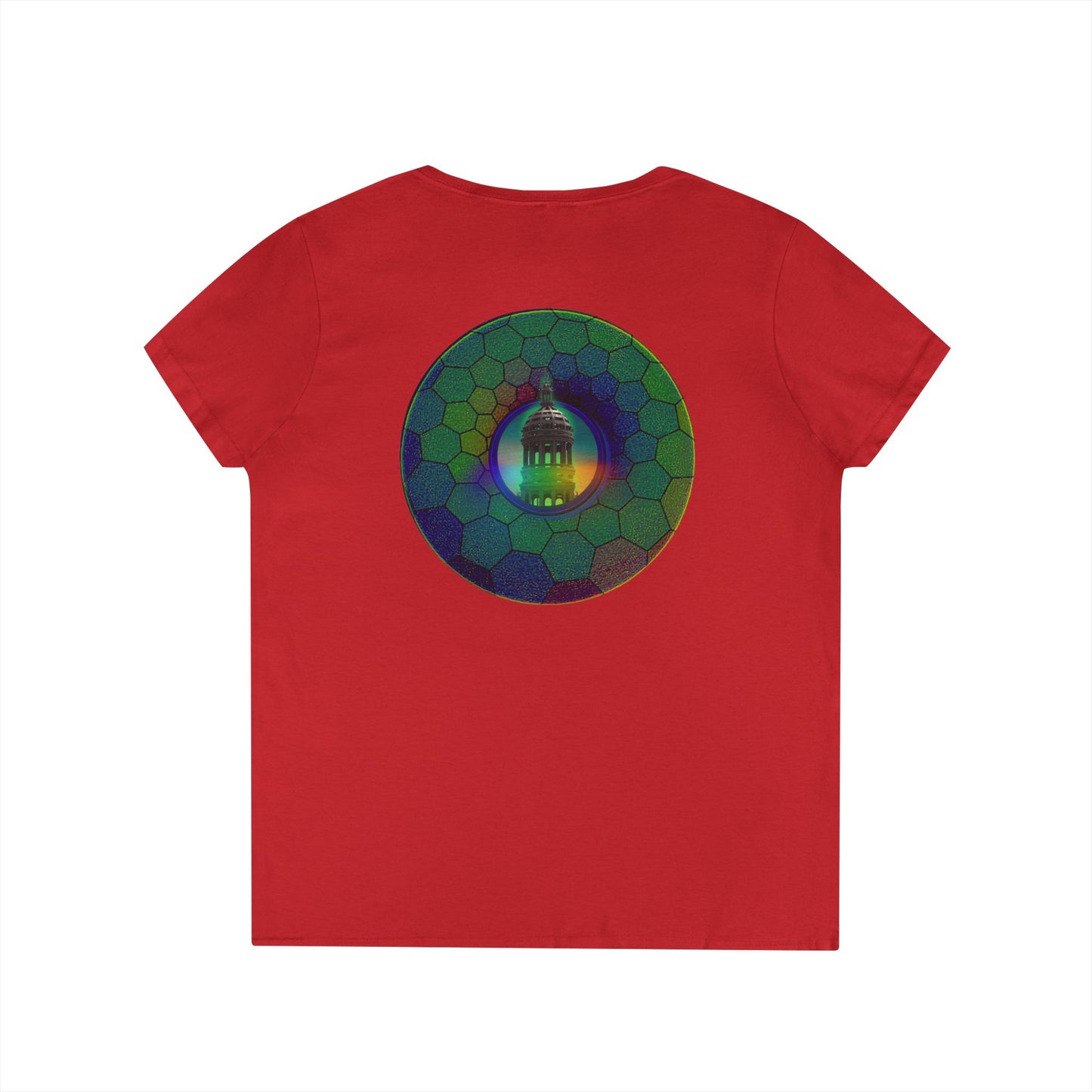 Women's Donut V-Neck Tee - "Save the Mondegreen City Hall Clock Tower" - variant 1 - green hexadonut w/
