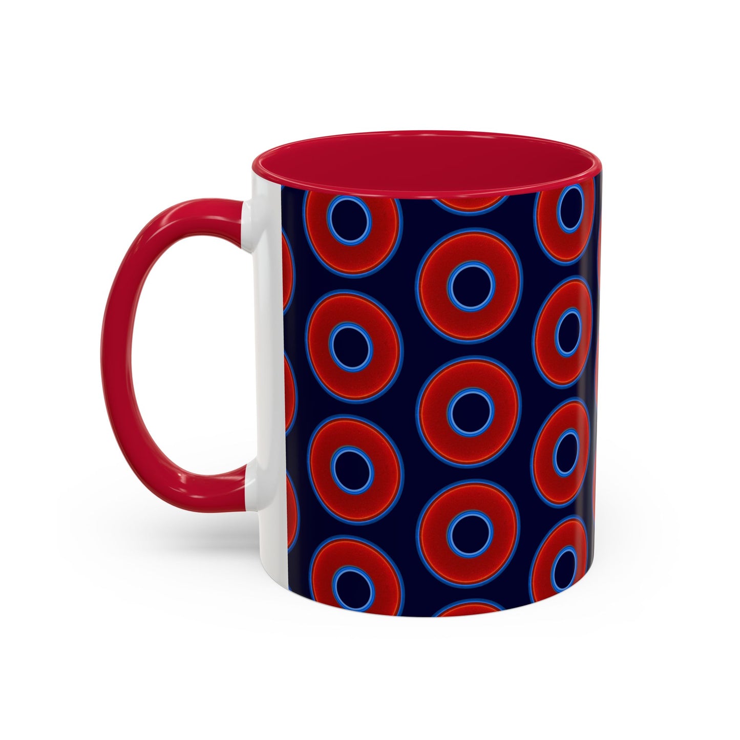 Lump's Grumpy Coffee Mug - vivid red donuts w/midnight blue background