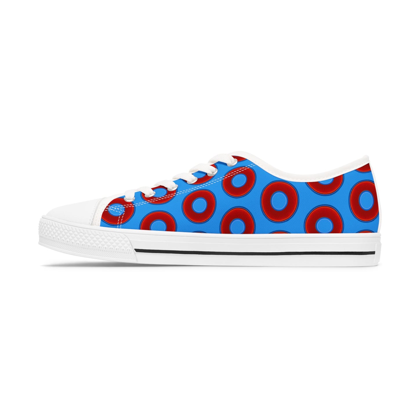 Women's - Low Top Chuck Taylors - large vivid red donut print w/sky royal blue background