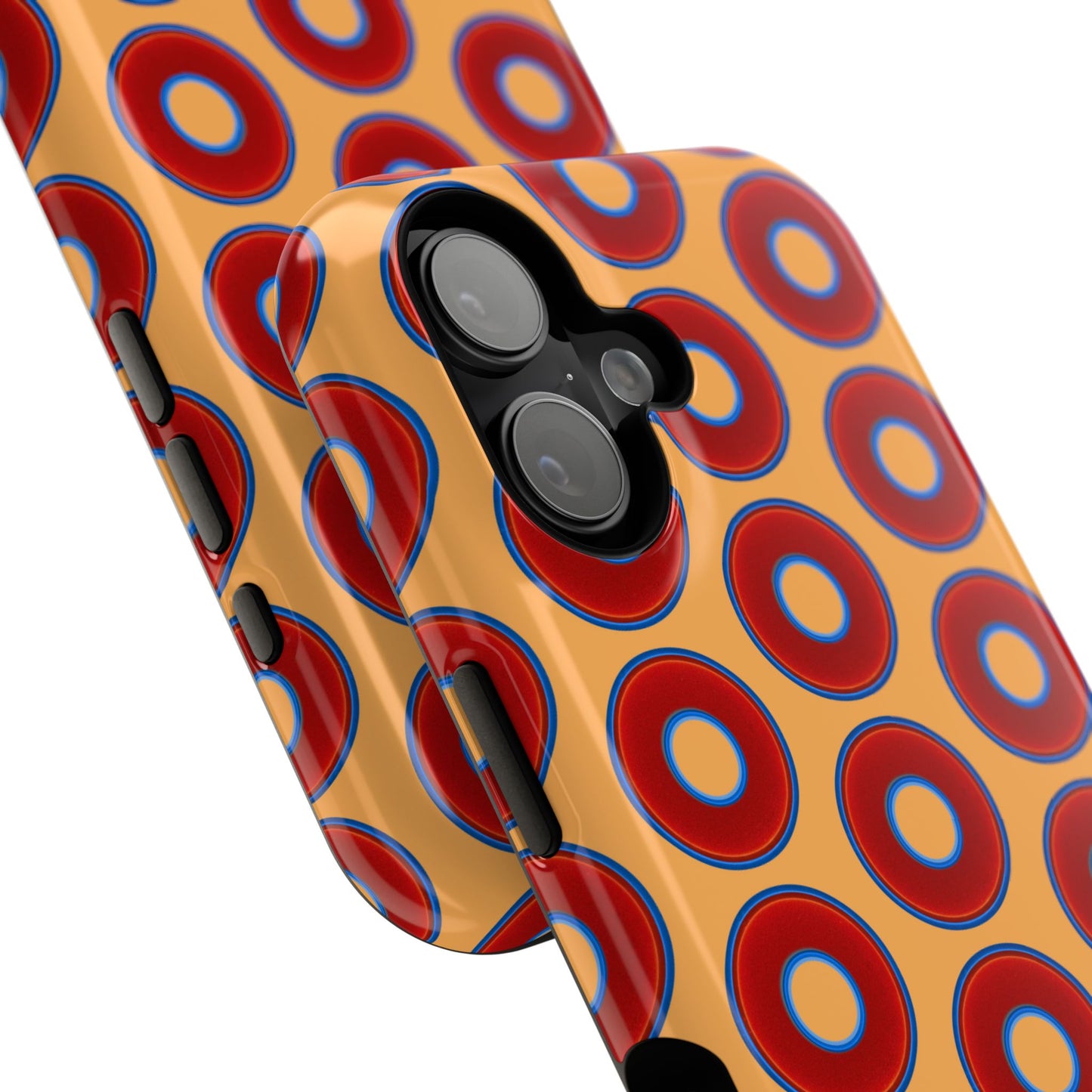 Impact-Resistant Lumpy Donut Case - red vivid donut print w/creamsicle orange background