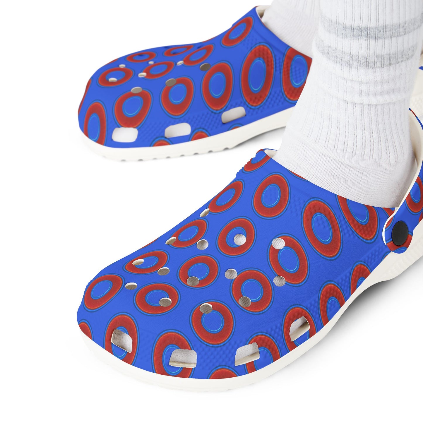 Spatchcocks - donut slip-on shoes - red rustic donuts w/royal blue background [unisex]