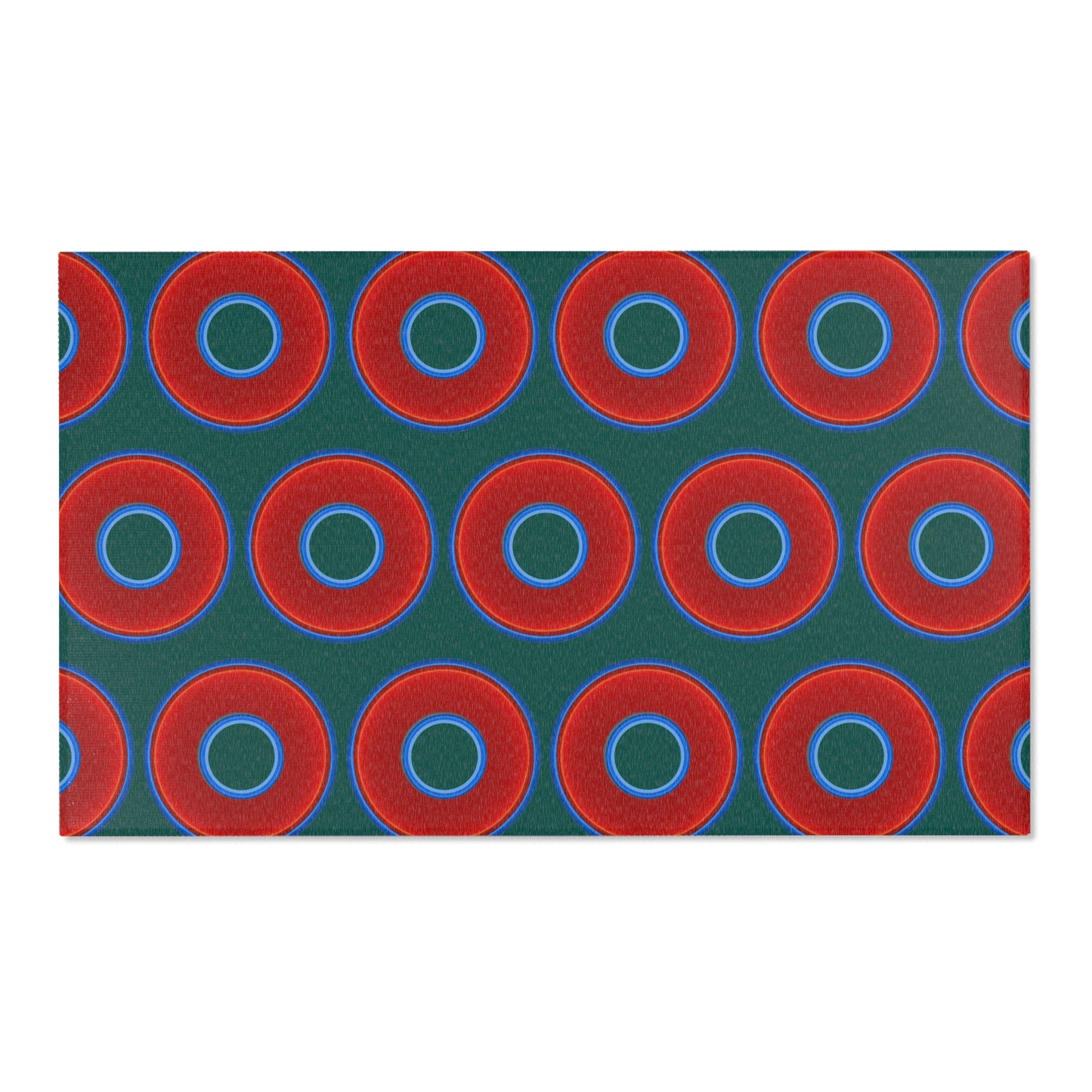 Lumpy Donut Print Rug - choice of 3 sizes - vivid red donut print w/dark Fenway green background