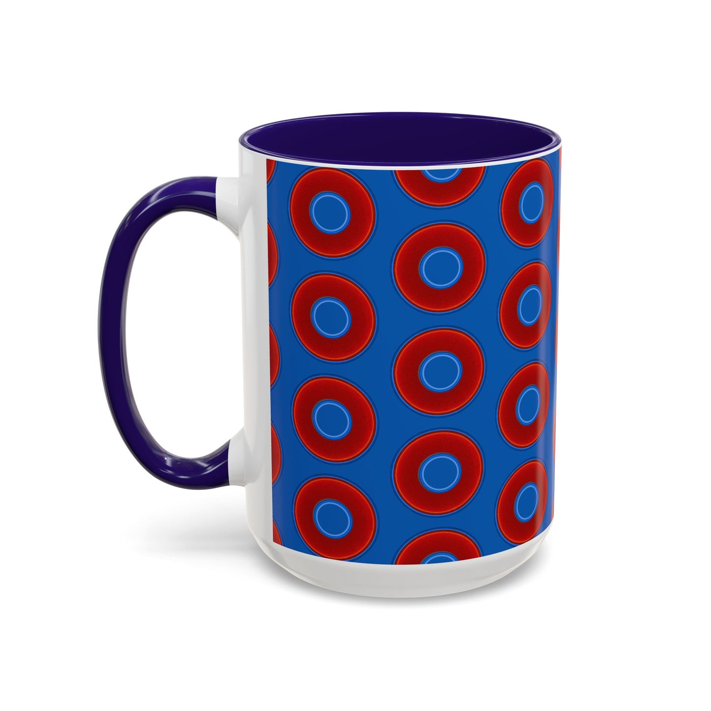 Lump's Grumpy Coffee Mug - vivid red donuts w/dark royal blue background