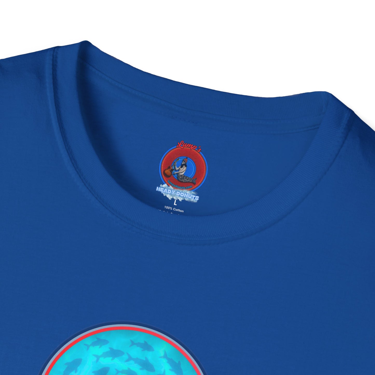 Classic Donut Tee - Unisex Soft-Style - "Skoolie of Phishies" - vivid sea donut - w/light blue water - variant 1