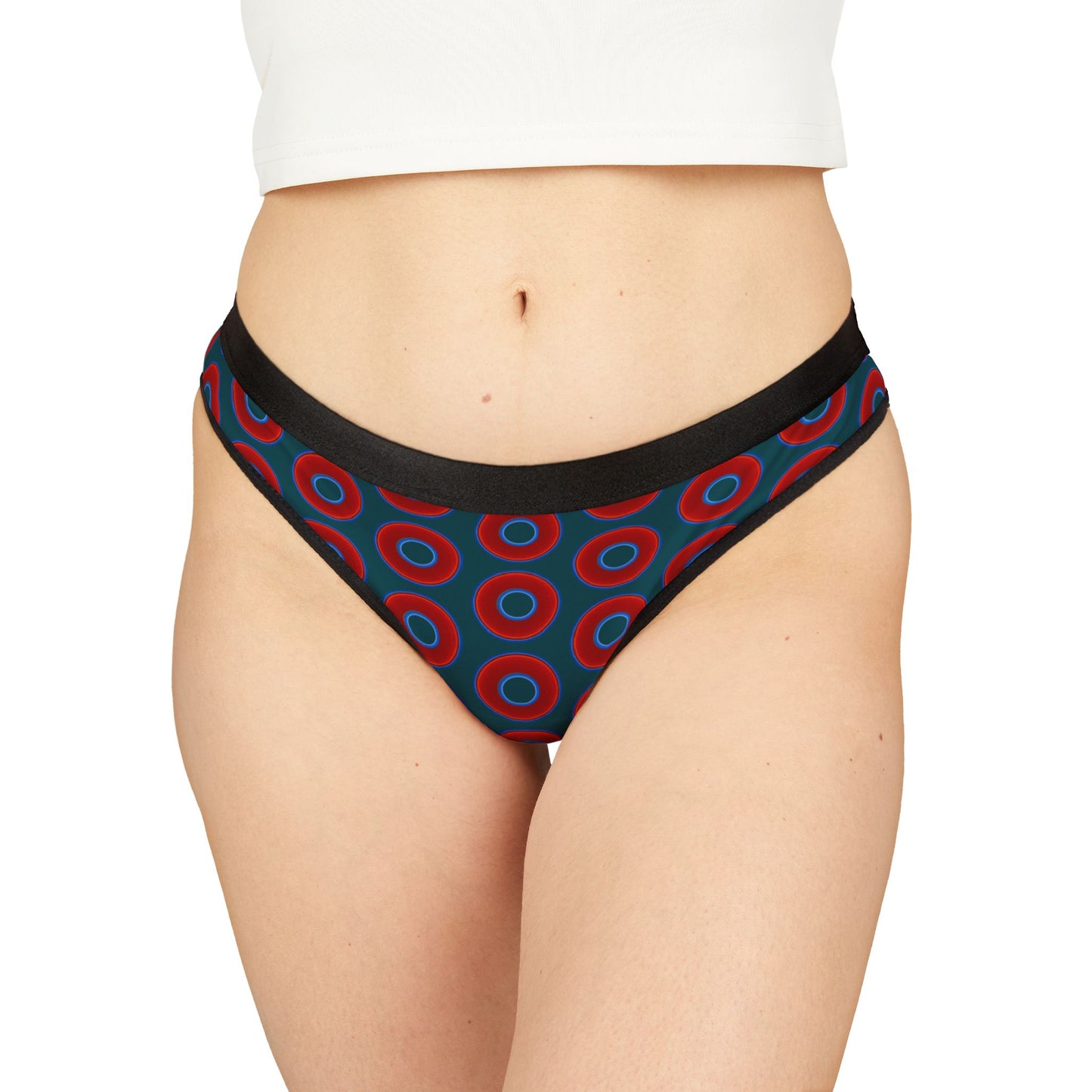 Lumpy Donut Thongs - red vivid donut print w/midnight teal green background