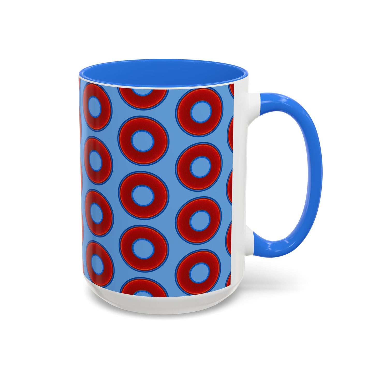 Lump's Grumpy Coffee Mug - vivid red donuts w/light blue background