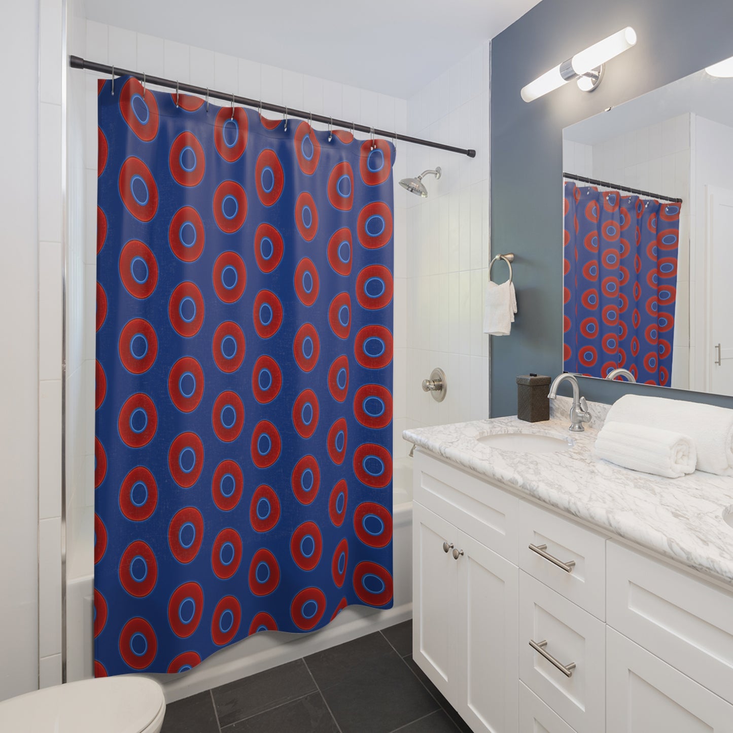 The Curtain With "Donuts" - Lumpy Bath Time Fun - vivid red donuts w/dark blue background