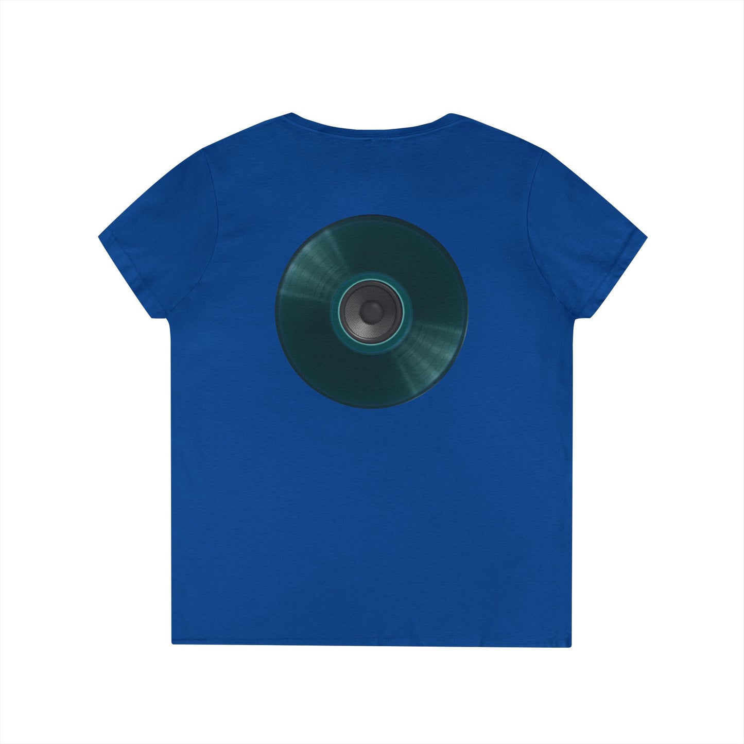 Women's Donut V-Neck Tee - "Speaker Donut" - vivid teal record donut w/