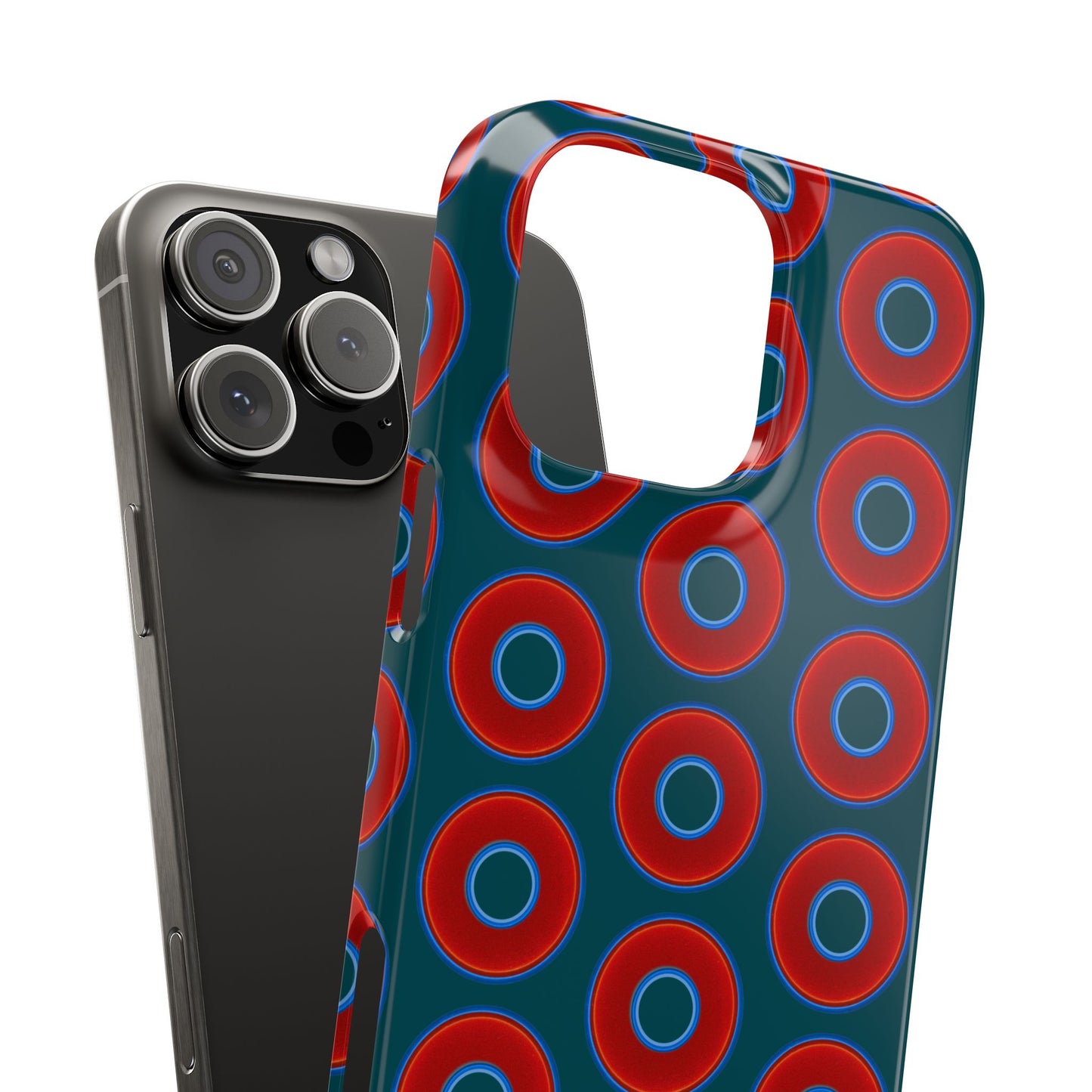 Lumpy Donut Snap Case - red vivid donut print w/midnight teal green background