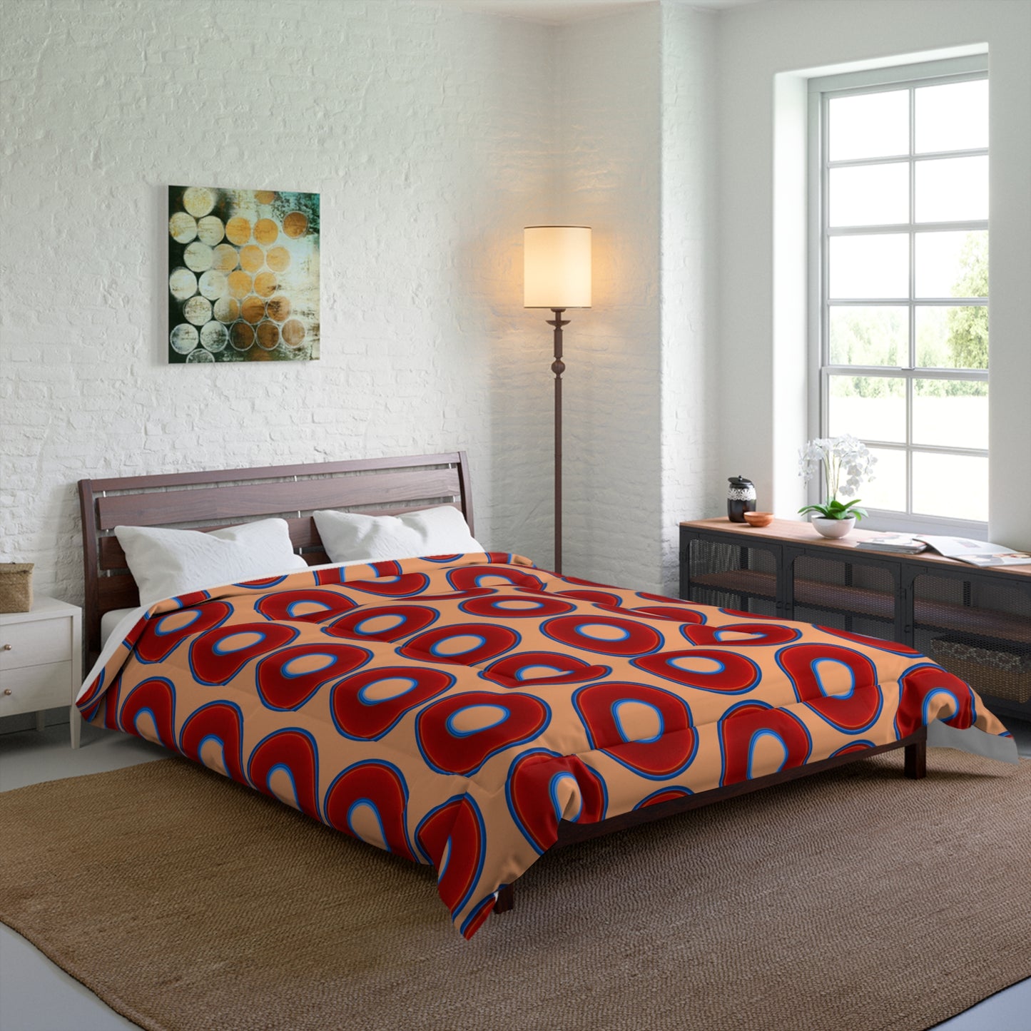 The Very Lumpy Comforter - vivid red donuts w/peach background