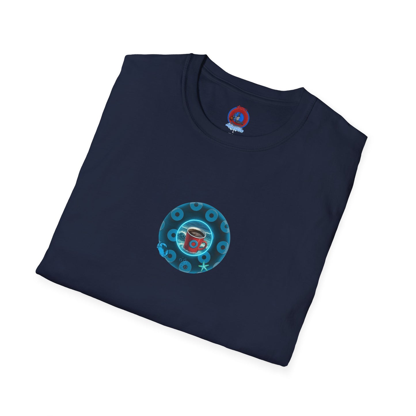 Lumpy Coffee Traders Tee - Unisex Soft-Style - "Good to Last Leaky Drop" - paradoxical donut - variant 2 - ocean donut front/logo back