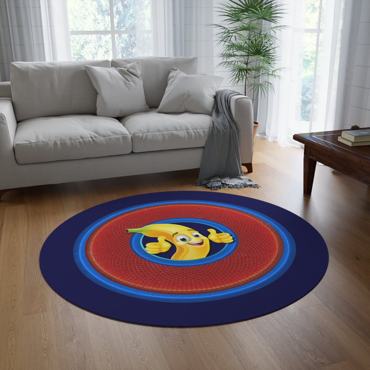 Round Room - 5 ft x 5 ft Lumpy Donut Rug - "Banana Bread Donut " - rustic red donut w/navy background - variant 1