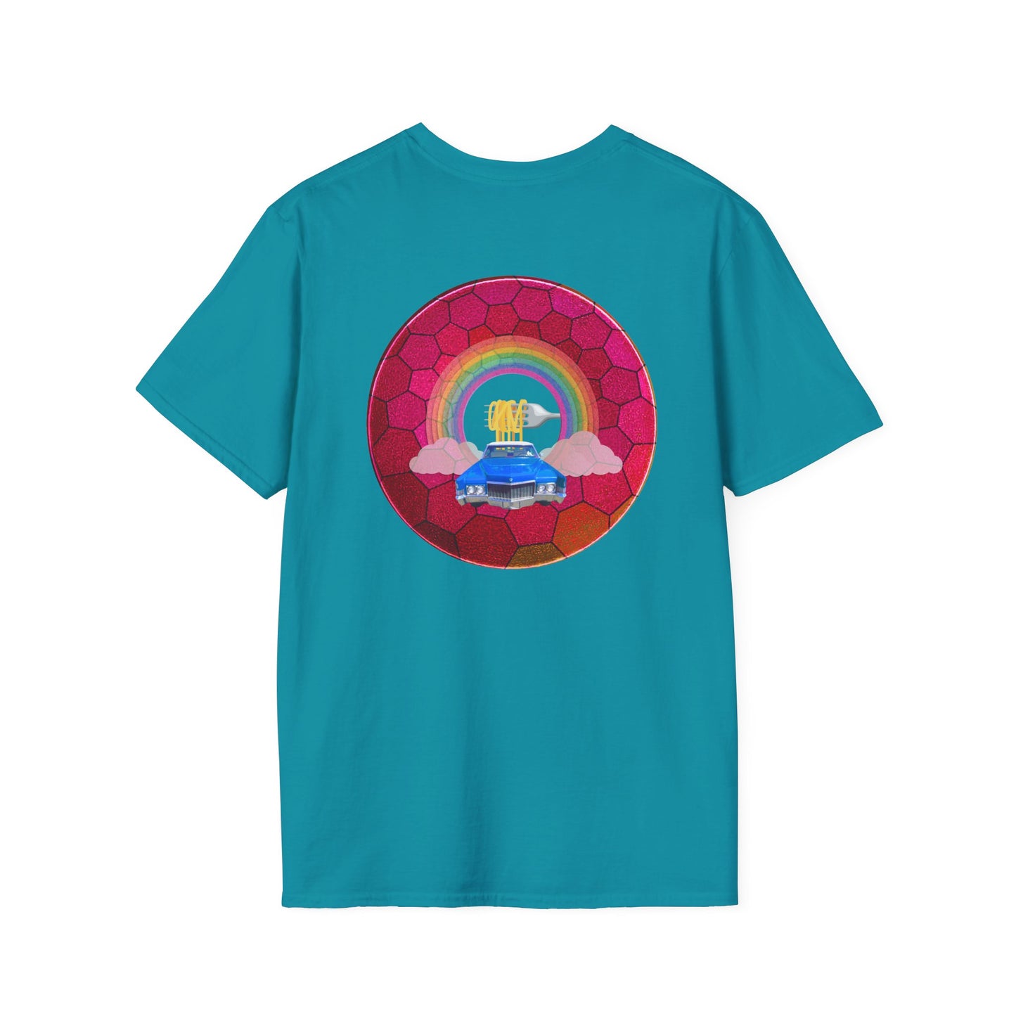 Classic Donut Tee - Unisex Soft-Style - "Cadillac Rainbows Donut Tee " - variant 2 - magenta hexadonut w/blue caddy