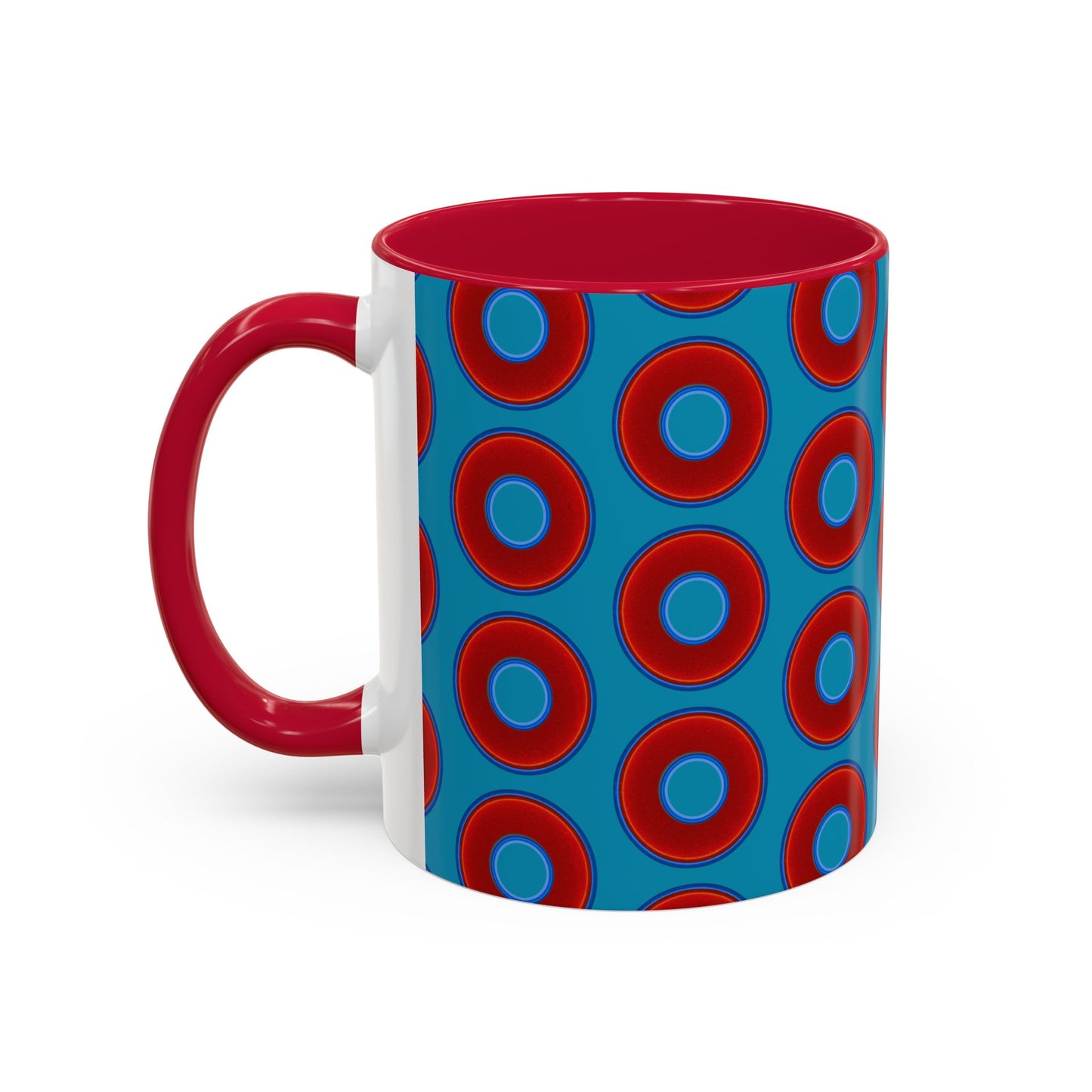 Lump's Grumpy Coffee Mug - vivid red donuts w/aquamarine blue background