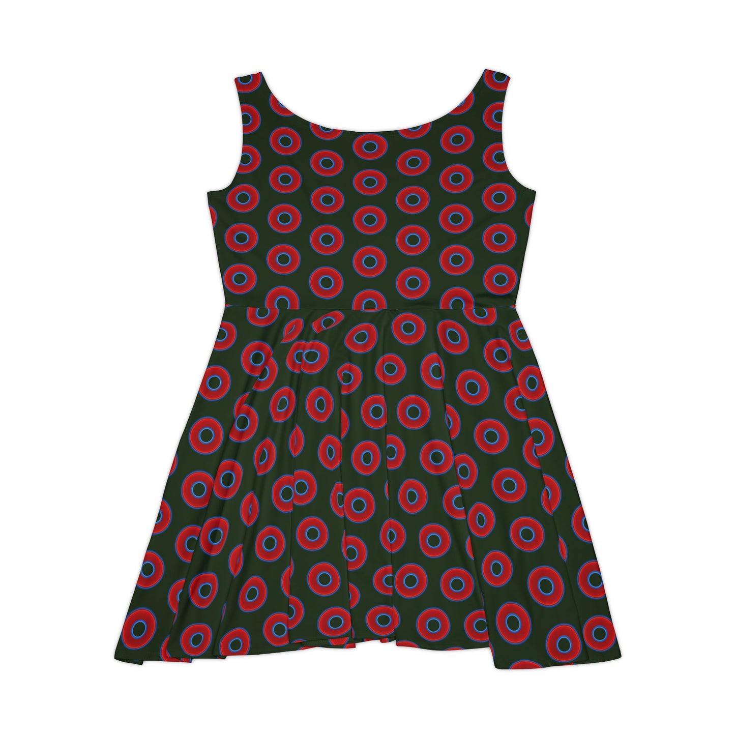 Women's Skater Donut Dress - vivid red donut print w/deep forest green background