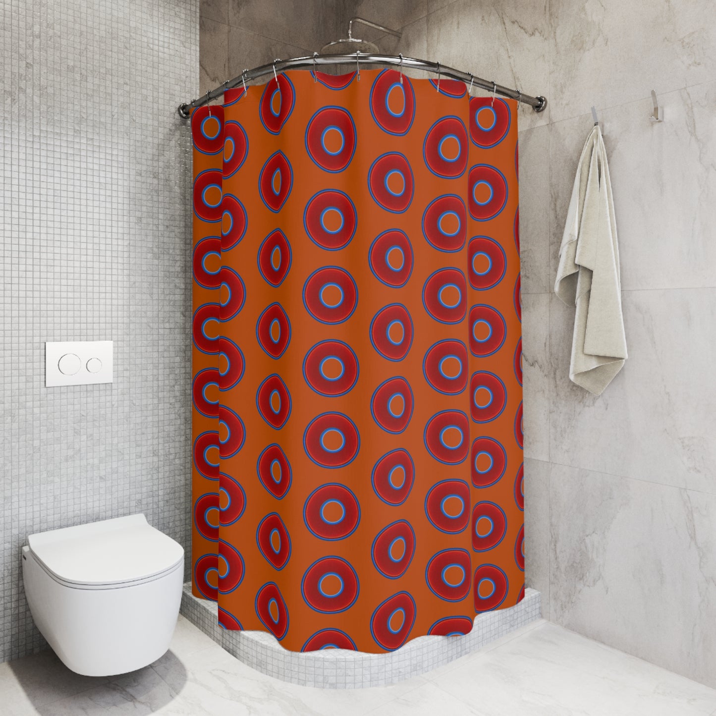 The Curtain With "Donuts" - Lumpy Bath Time Fun - vivid red donuts w/dark orange background