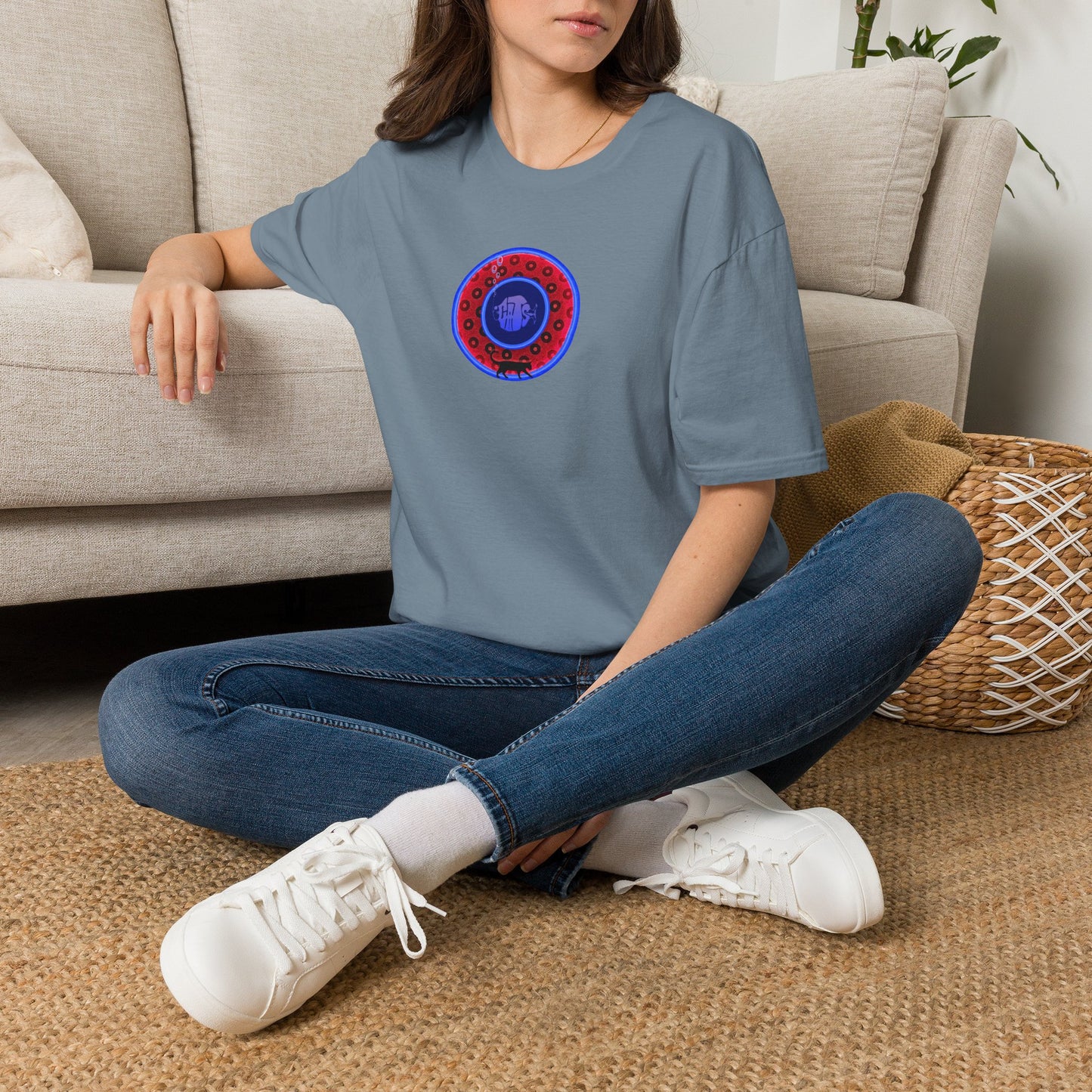 Classic Donut Tee - Unisex Soft-Style - "The Cat's Meow Donut' - red/blue paradox widemouthed donut
