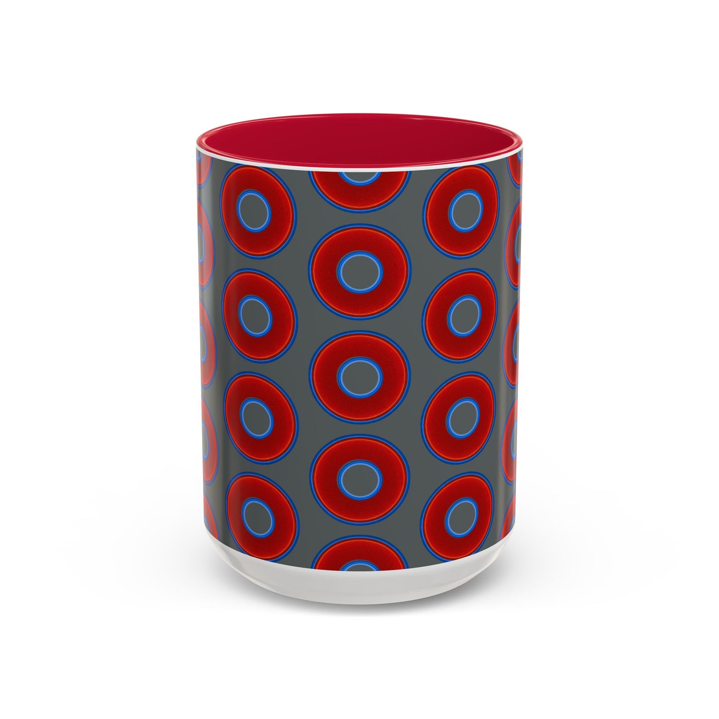 Lump's Grumpy Coffee Mug - vivid red donuts w/dark gray background