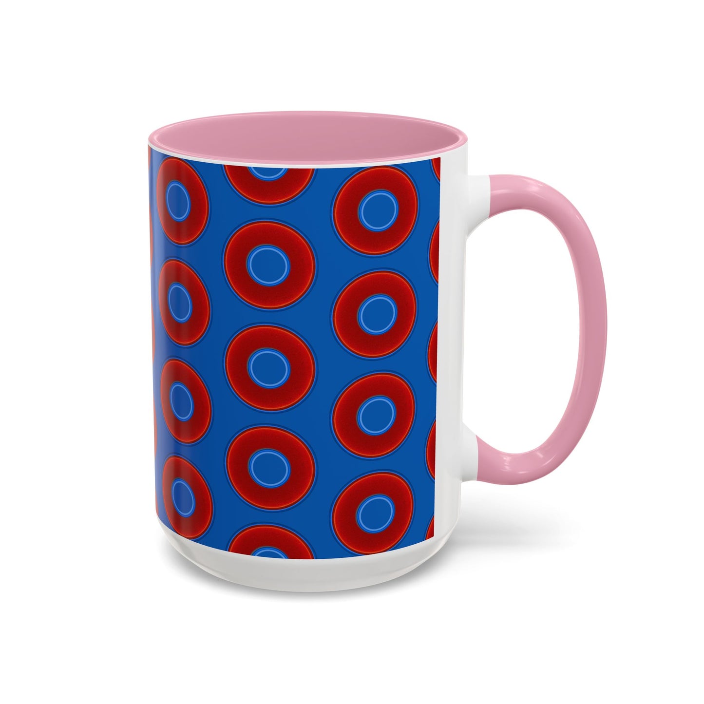 Lump's Grumpy Coffee Mug - vivid red donuts w/dark royal blue background