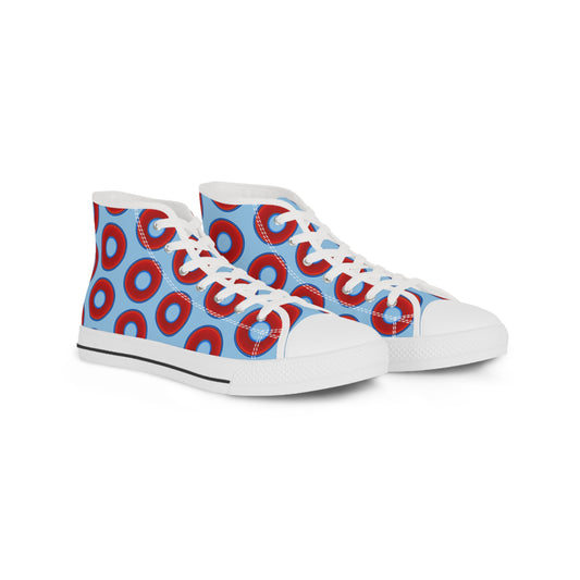 Men's High Top Chucks - large vivid red donut print w/sky blue background