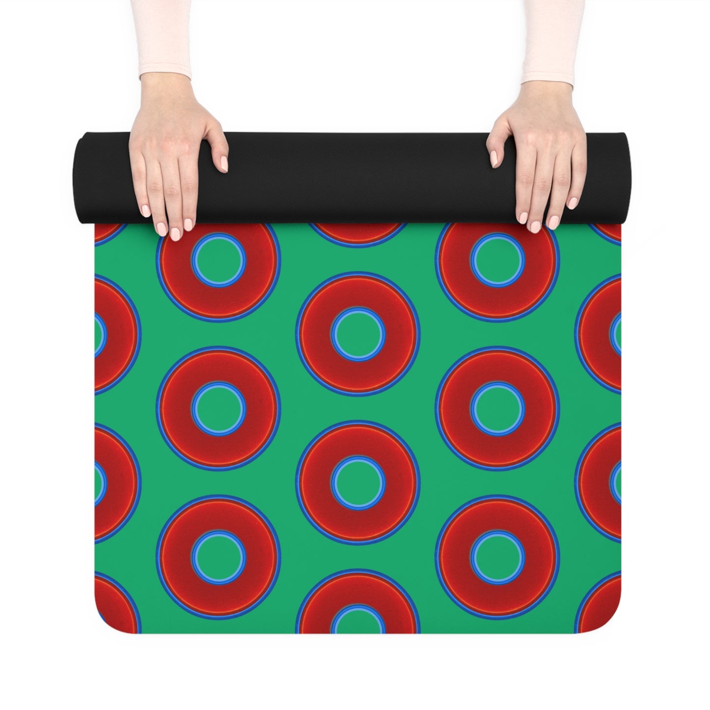 Lumpy Donut Yoga Mat :) - 24″ x 70" - vivid red donut print w/jade green background