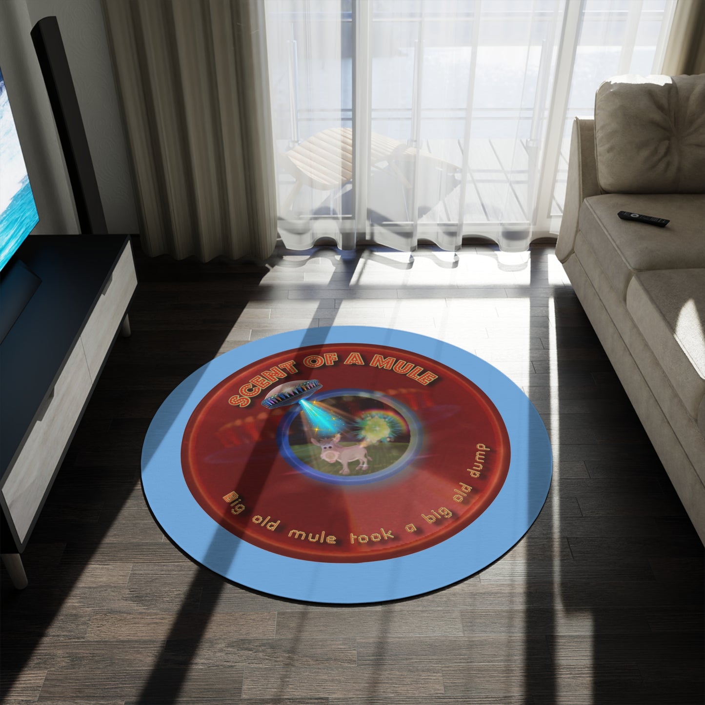 Round Room - 5 ft x 5 ft Lumpy Donut Rug - "Donut Rugs? In Tomahawk County?" - vivid red donut w/light blue background - variant 2