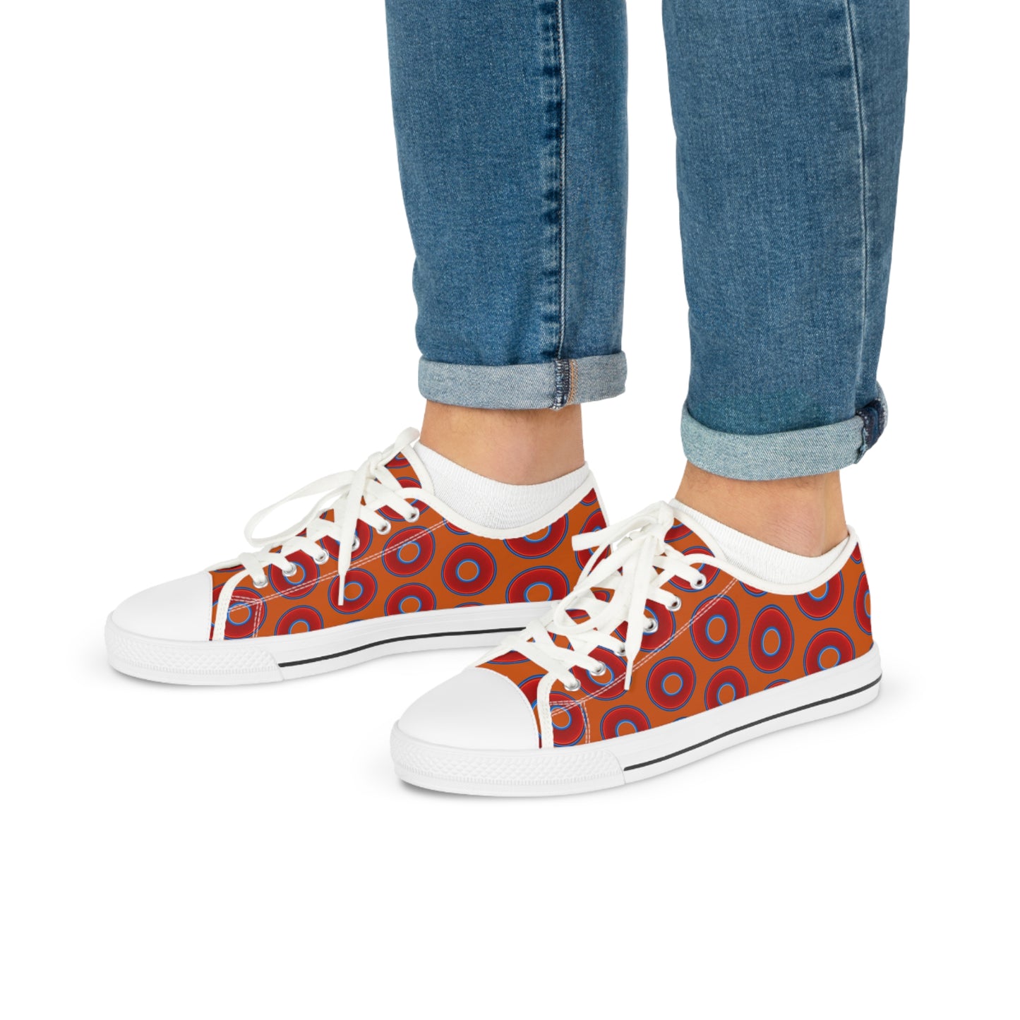 Men's - Low Top Chuck Taylors - large vivid red donut print w/dark orange background
