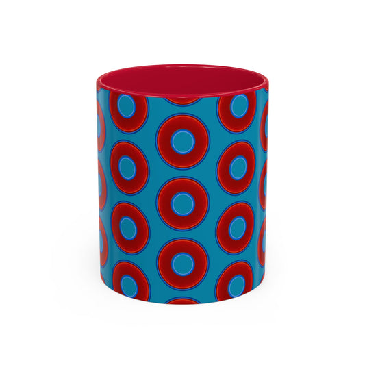 Lump's Grumpy Coffee Mug - vivid red donuts w/aquamarine blue background
