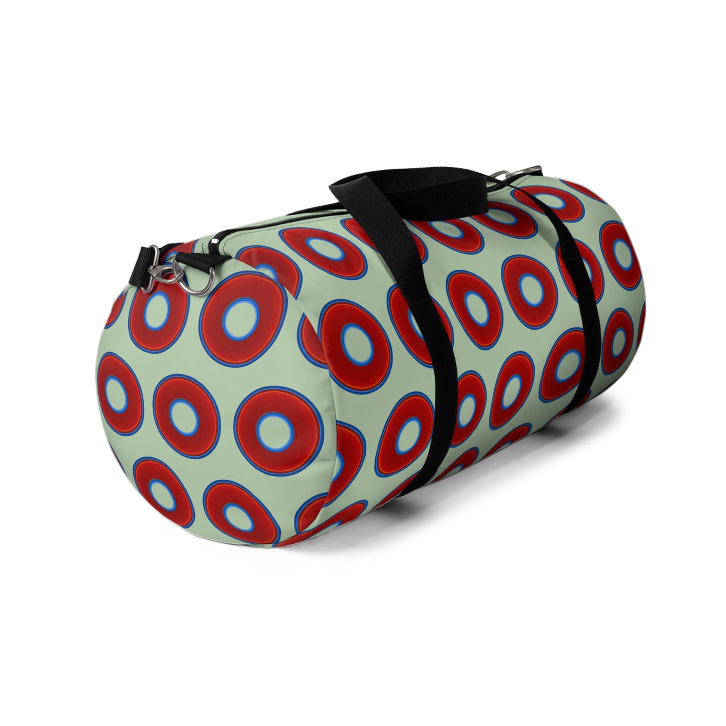 Lumpy Duffel - vivid red donuts w/seafoam background