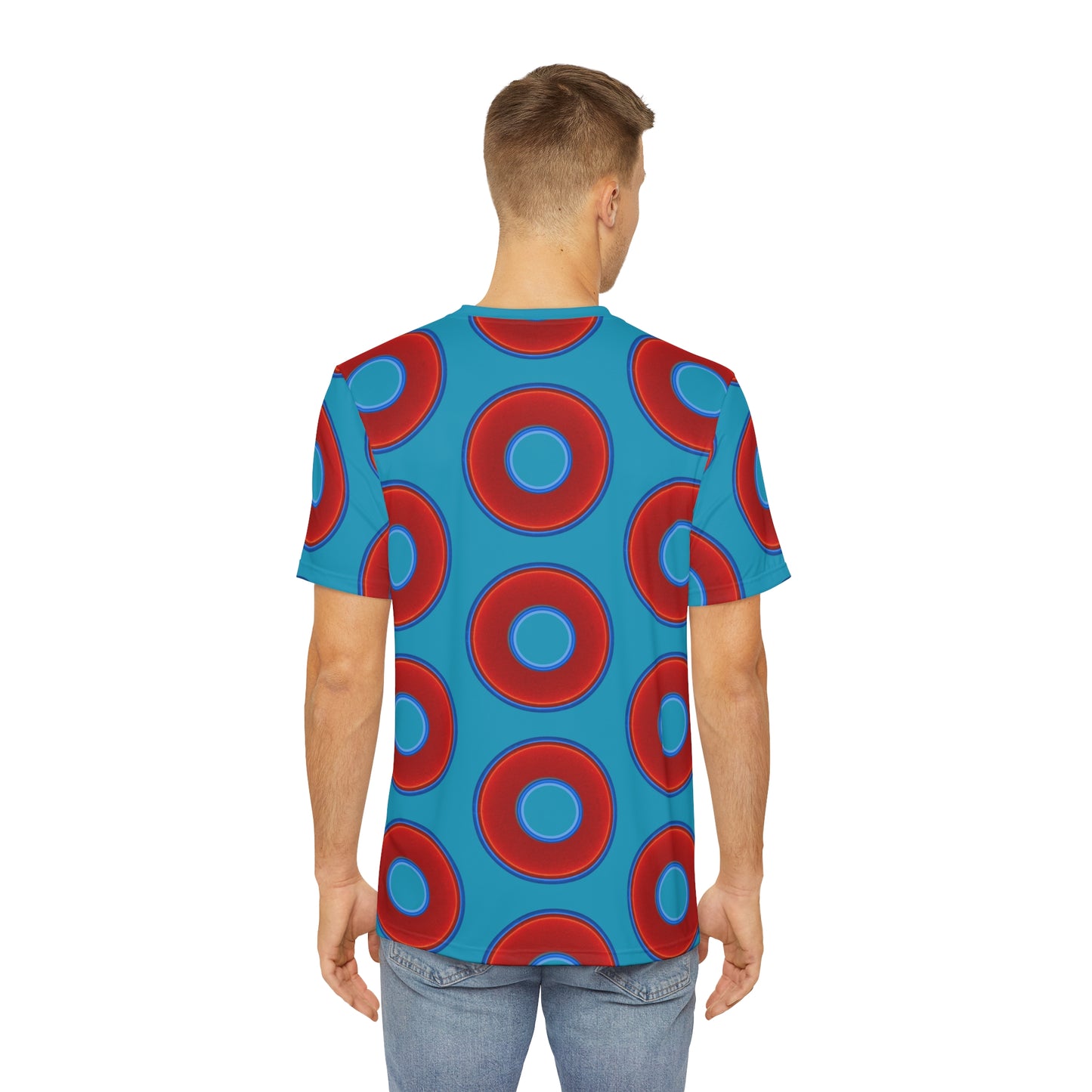 Multi-Beastie Giant Donut AOP Polyester Tee - red vivid donut print w/aquamarine blue background