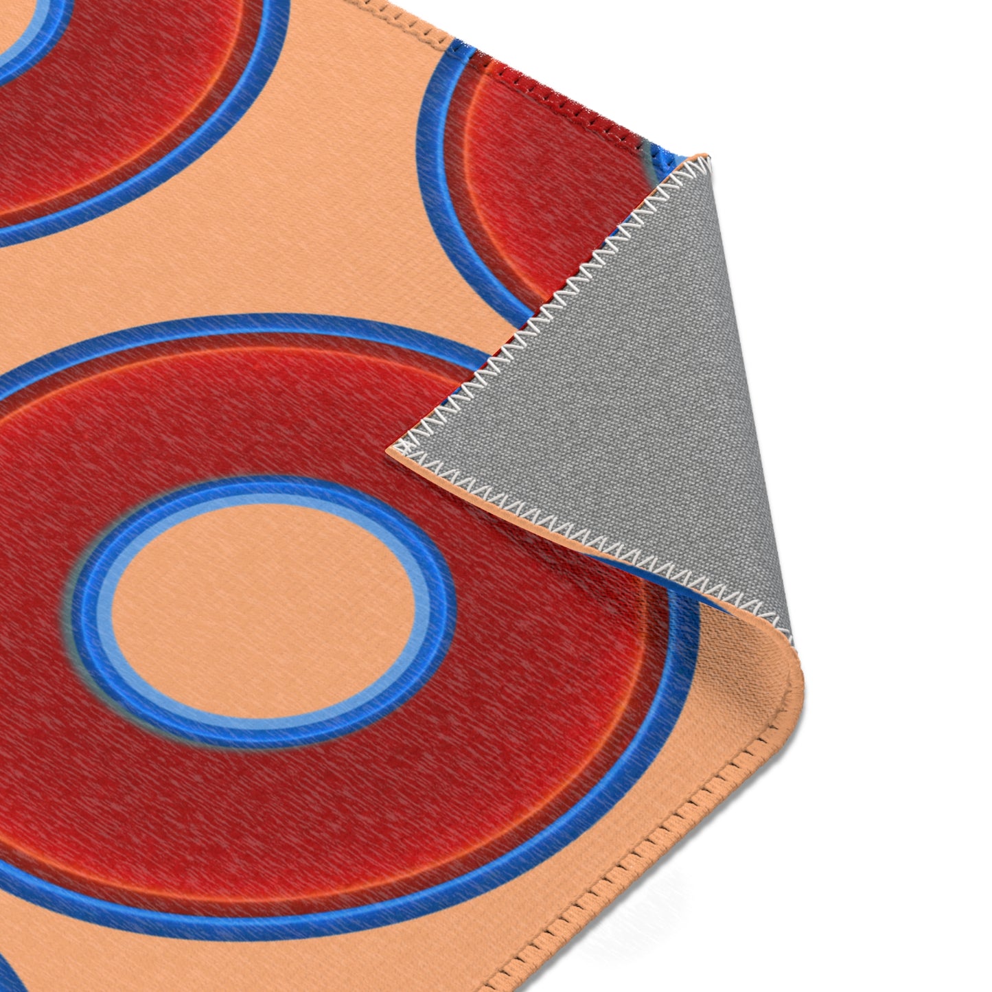 Lumpy Donut Print Rug - choice of 3 sizes - vivid red donut print w/peach background