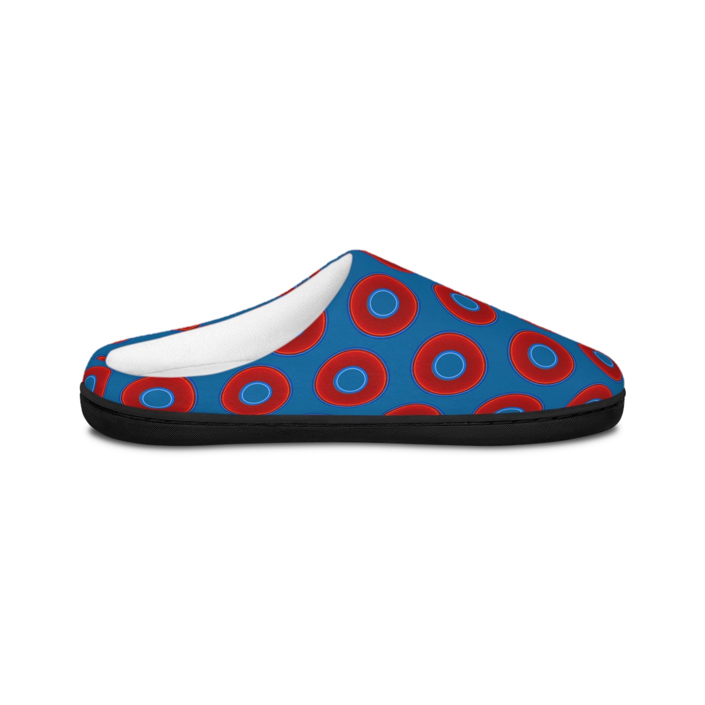 Men's Lumpy Slippers - red vivid donut print w/wavy navy blue background