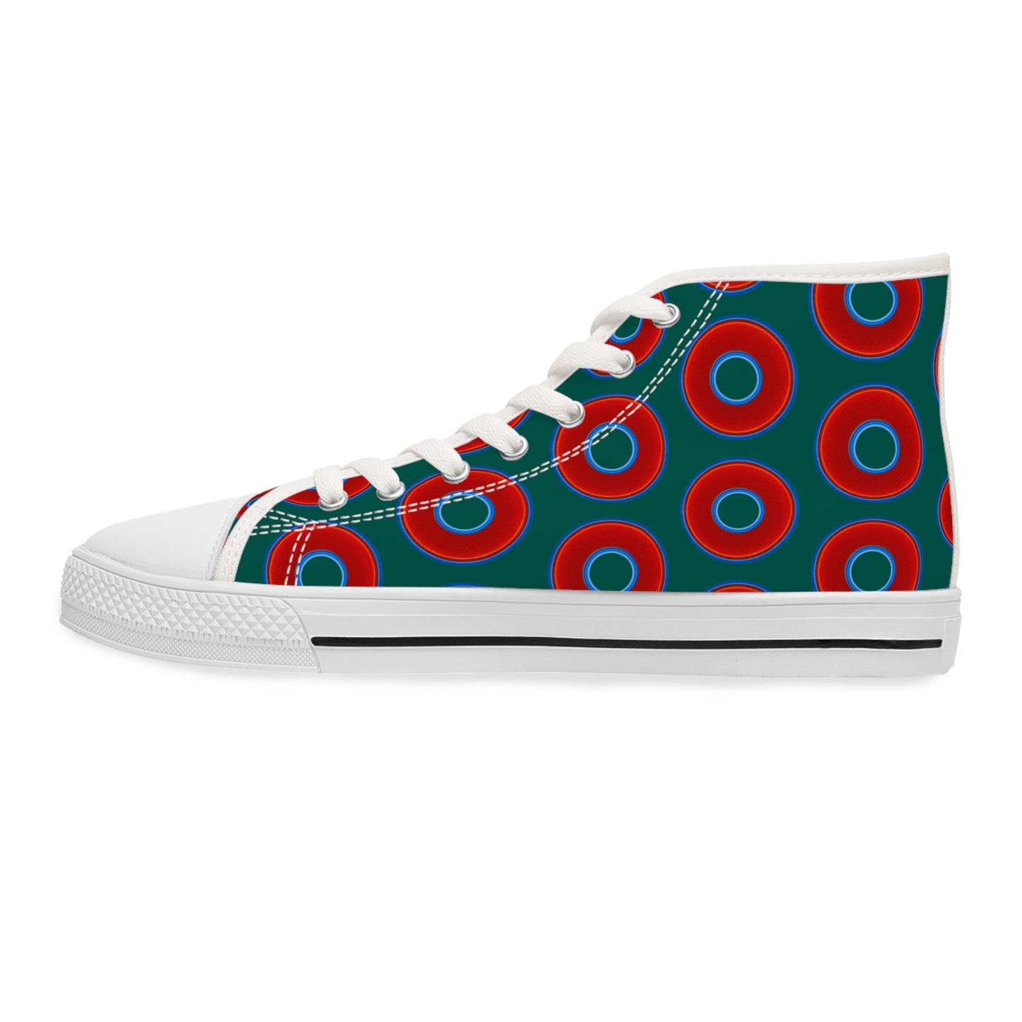 Women's High Top Chuck Taylors - large vivid red donut print w/dark Fenway background