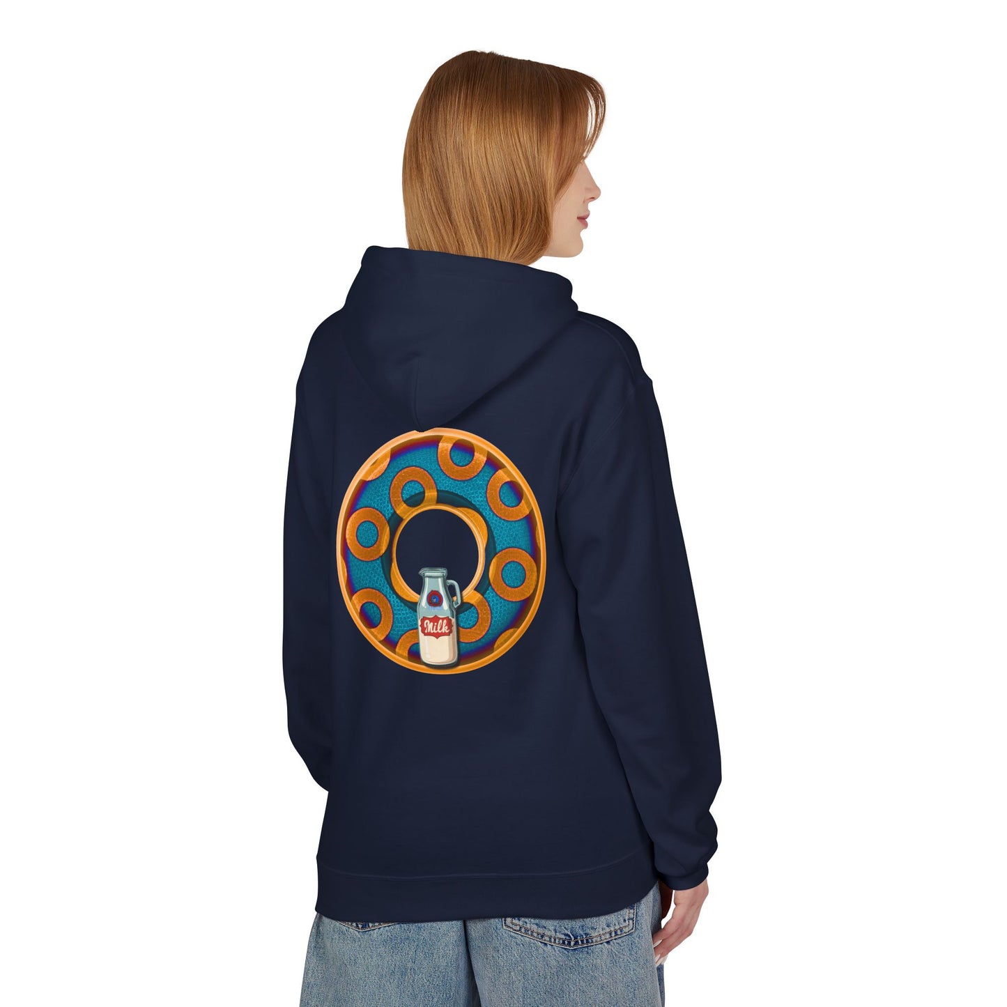 Fleece Harry Hoodies [Midweight Soft-style] - "Wooked Cream Dairy - YEMSG Donut" - blue/orange rustic paradox donut - variant 4