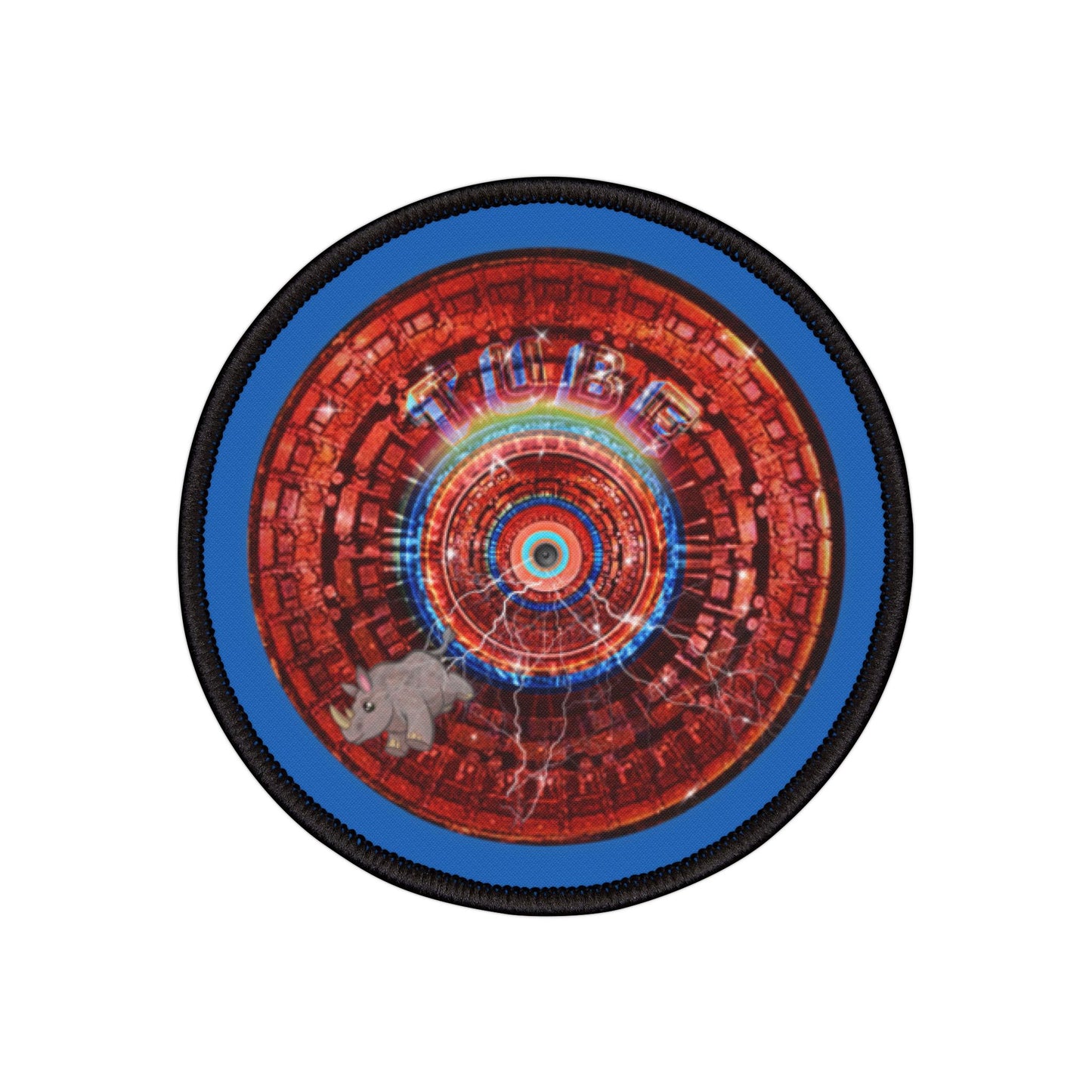 Iron-On Donut Patch - "Rhino's Thunderous Donut" - vivid red/blue tube donut - variant 2