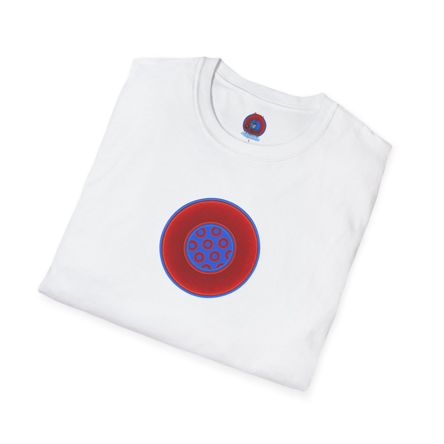 Classic Donut Tee - Unisex Soft-Style - "Portal Donut" - vivid red/blue donut  - w/royal blue - variant 1
