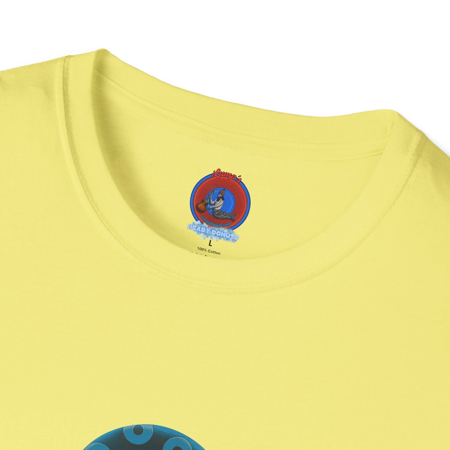 Lumpy Coffee Traders Tee - Unisex Soft-Style - "Good to Last Leaky Drop" - paradoxical donut - variant 2 - ocean donut front/logo back