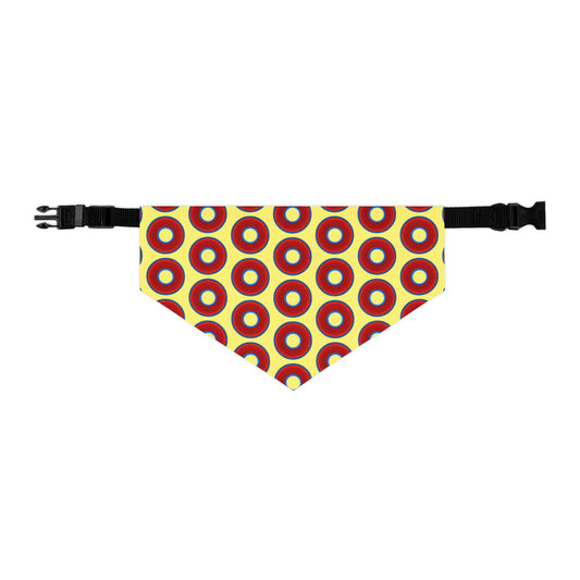 Jim's Lumpy Bandana Pet Collar - vivid red donuts w/yellow background