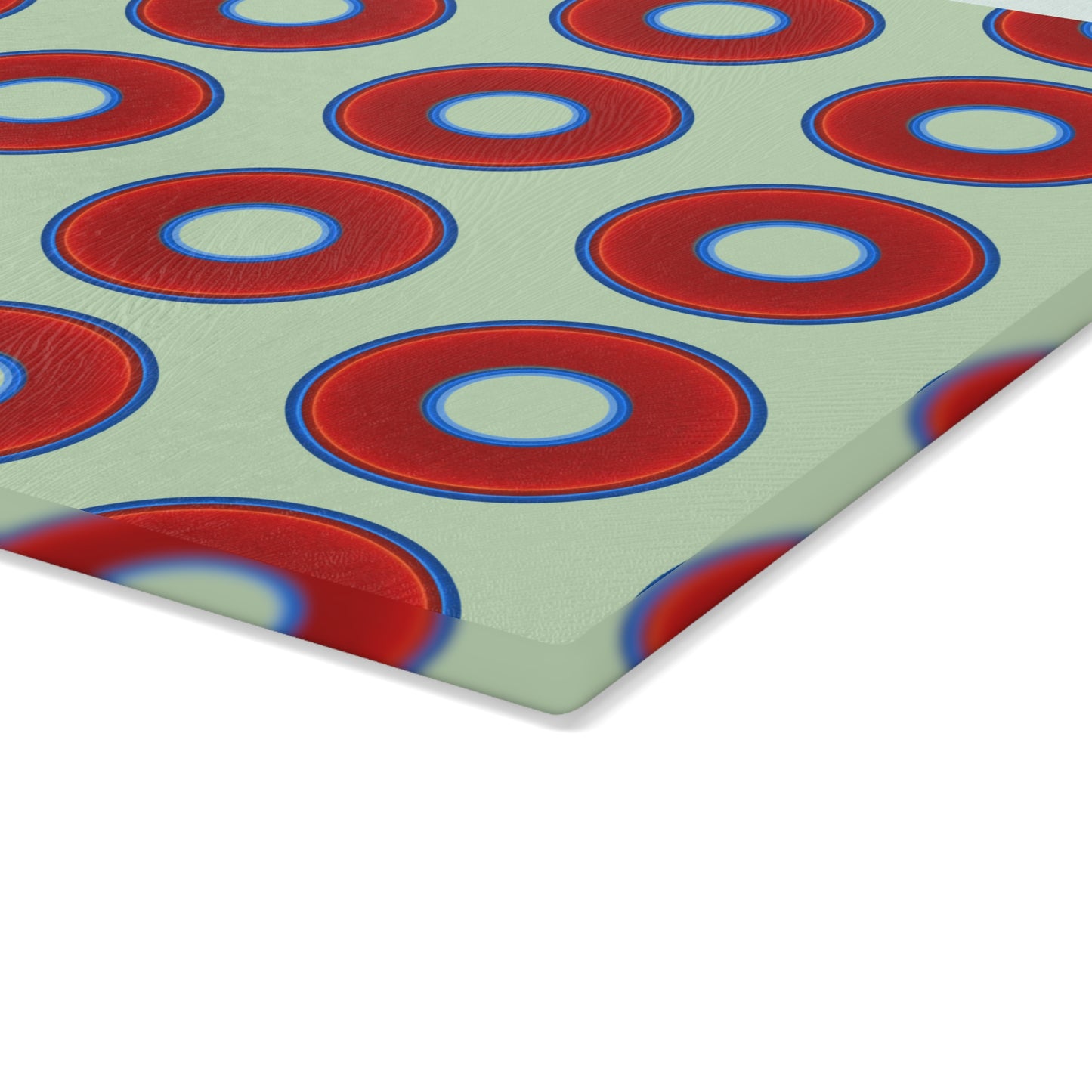 My Friend's Cutting Board - vivid red donuts w/seafoam background