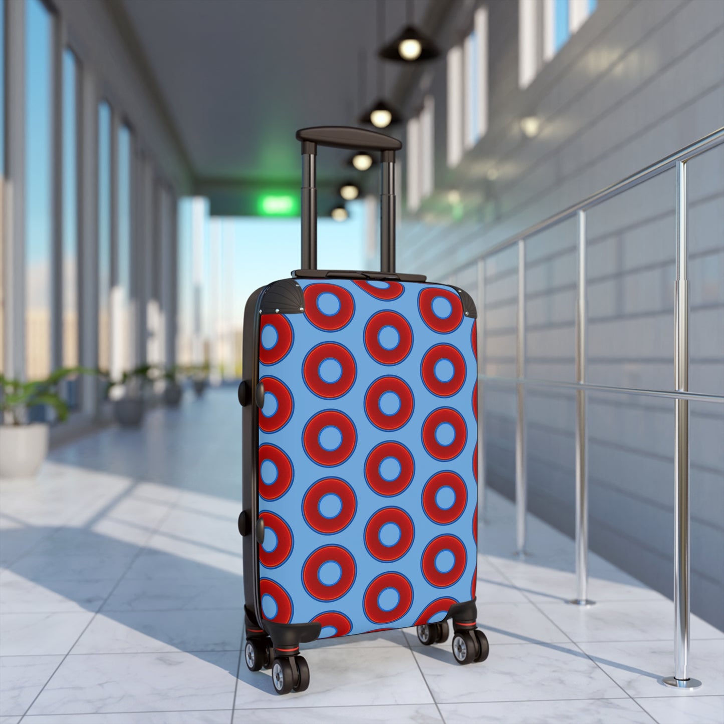 The Very Lumpy Donut Suitcase series - your choice of S, M or L - vivid red donut print w/light blue background
