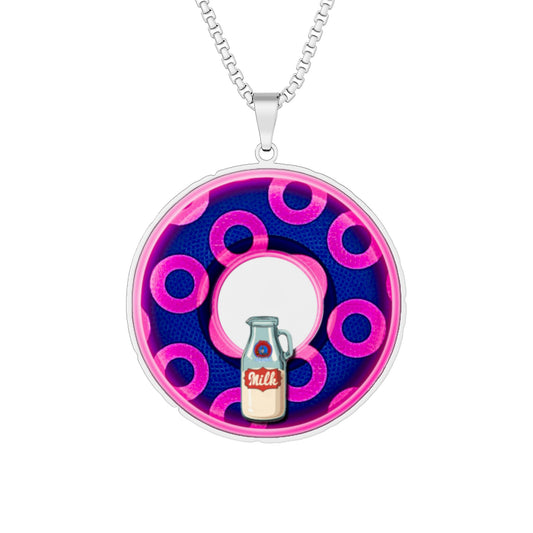 Lump's Heady Donut Necklace - 1" x 1" Stainless Steel Pendant - "Wooked Cream Dairy - YEMSG Donut" - dark blue/light magenta rustic paradox donut - variant 6