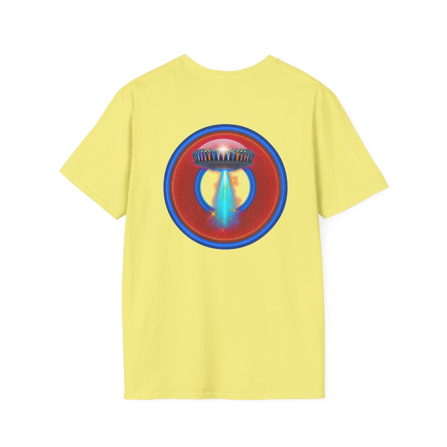 Classic Donut Tee - Unisex Soft-Style - "Donuts now Served on the Mothership" - red/blue donut