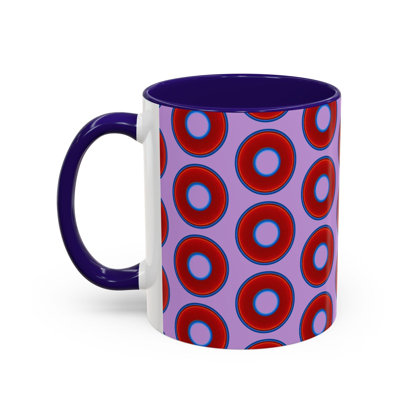 Lump's Grumpy Coffee Mug - vivid red donuts w/wisteria purple background