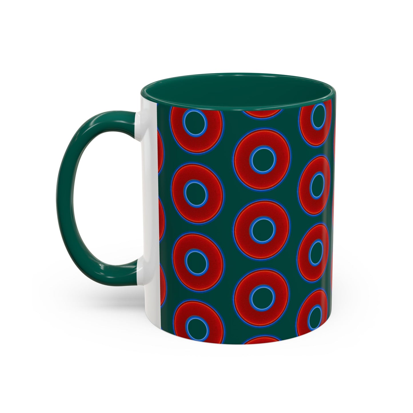 Lump's Grumpy Coffee Mug - vivid red donuts w/dark Fenway green background