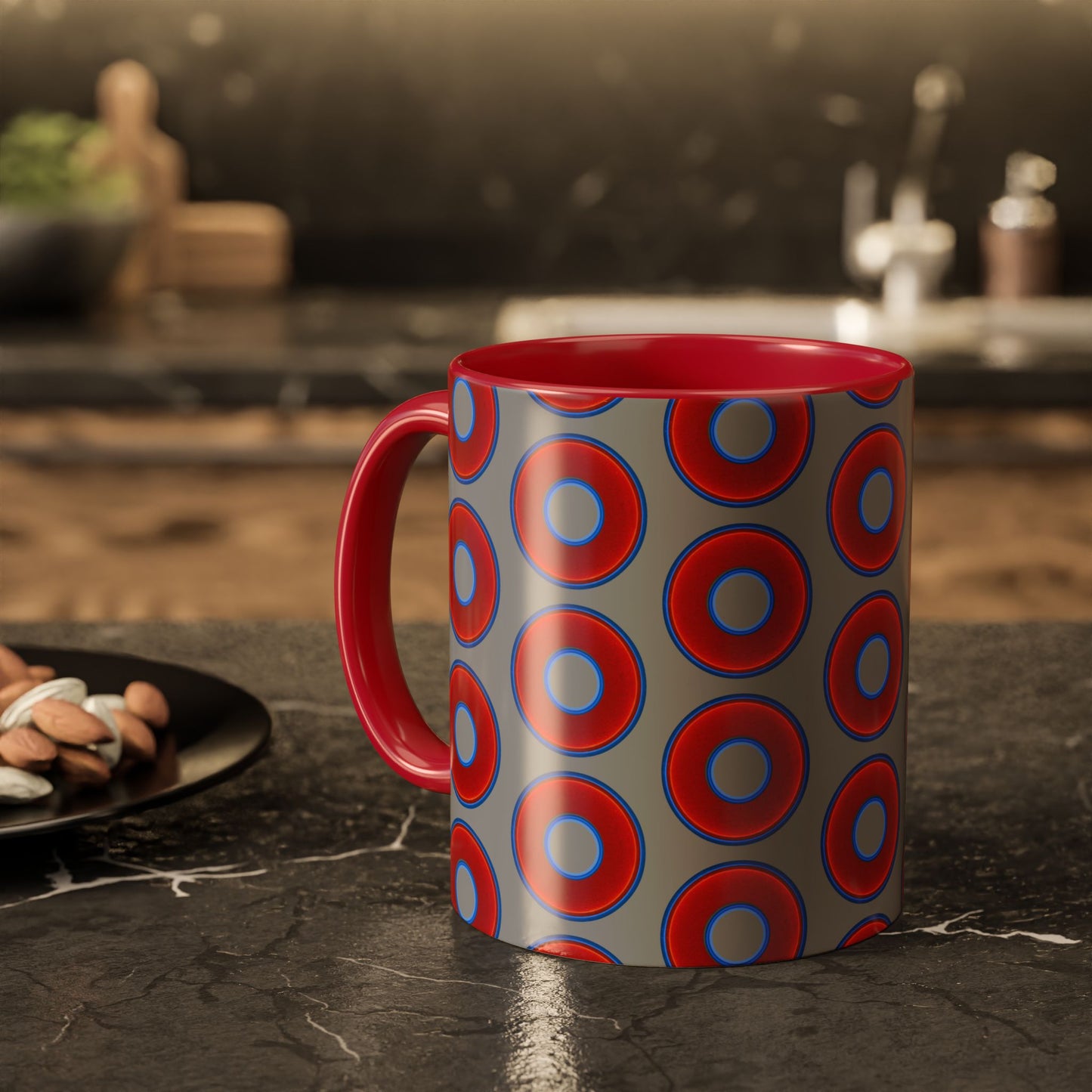 Lump's Grumpy Coffee Mug - vivid red donuts w/gray background