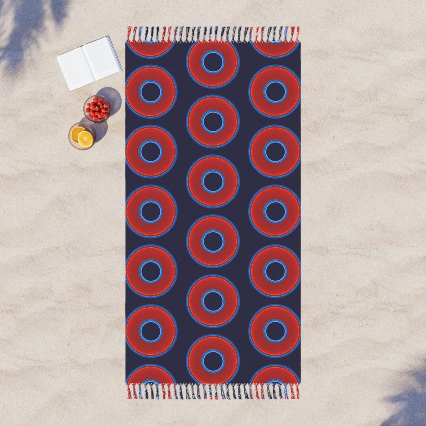 Oversized Lumpy Beach Towel - vivid red donuts w/midnight blue background