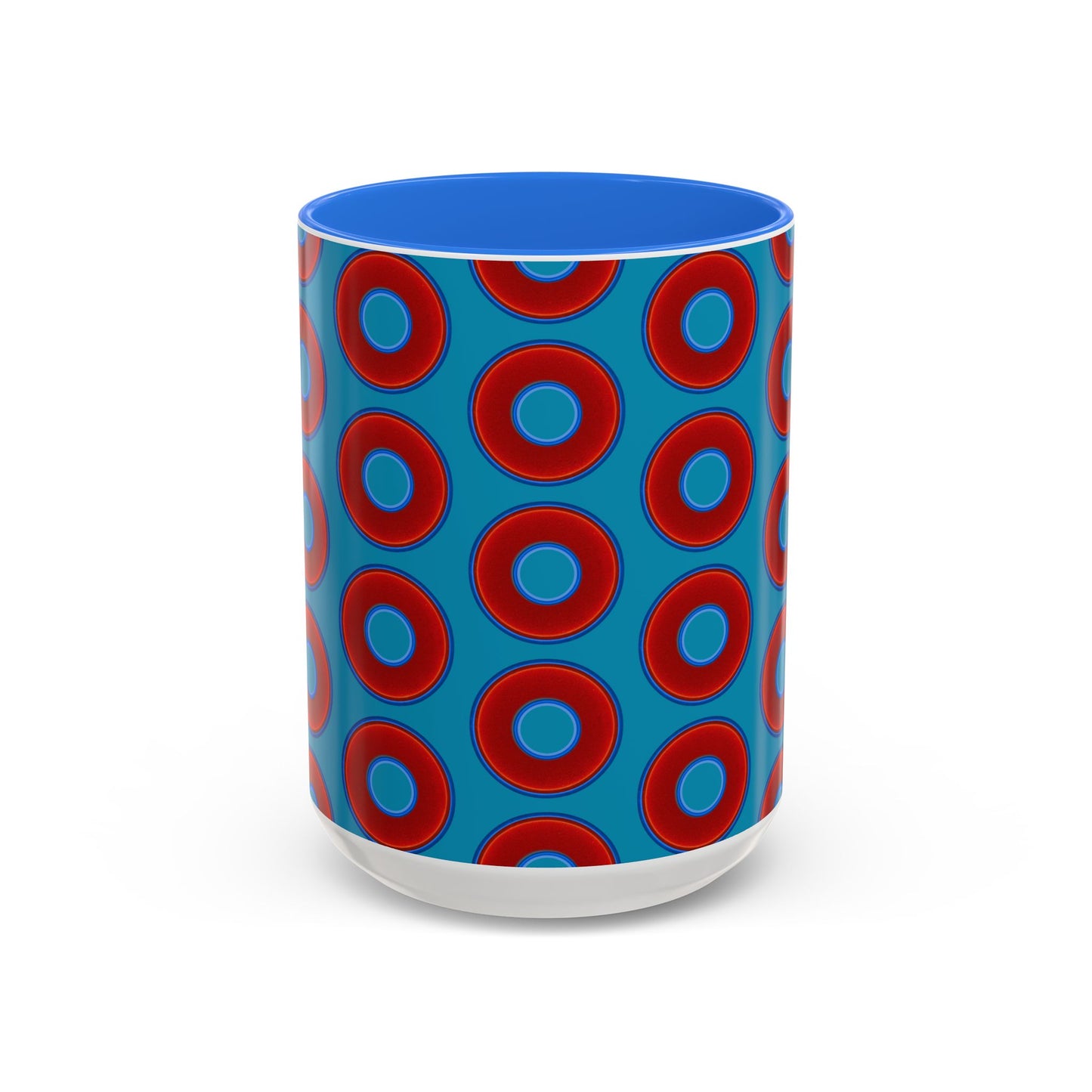 Lump's Grumpy Coffee Mug - vivid red donuts w/aquamarine blue background